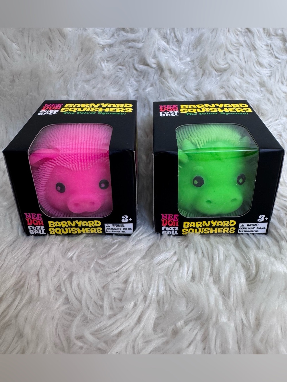 BNIB NeeDoh Barnyard Squishers Fuzz Ball Pink & Green Bundle - Authentic, Rare